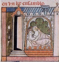 Lancelot et Guenièvre au lit, Lancelot-Graal, vers 1320,  Londres, British Library, Ms. 10293, fol. 312 V°.